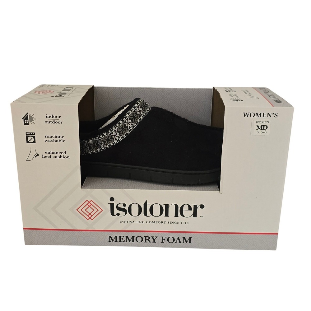 Isotoner Womens Memory Foam Slippers Black Clog Indoor Outdoor 7.5-8 M